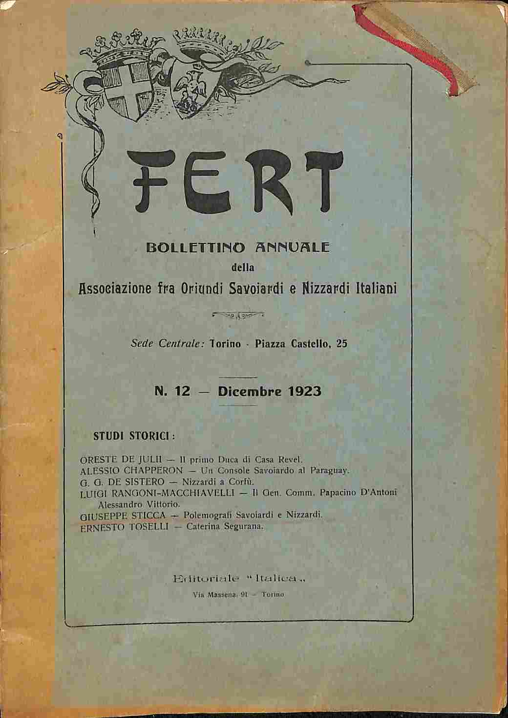 Fert. Bollettino dell'Associazione oriundi Savoiardi e Nizzardi italiani, n. 12, dicembre 1923
